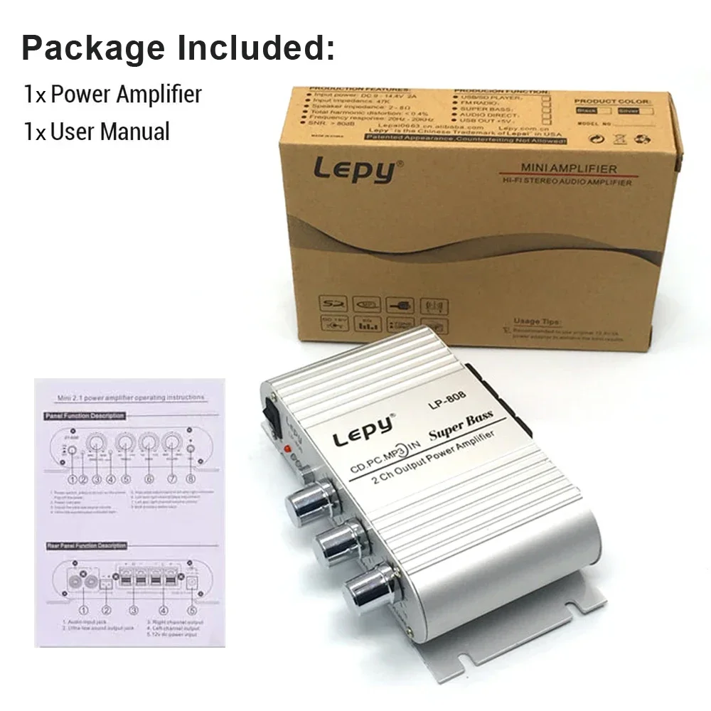 Lepy LP-808 Mini amplificatore di potenza per auto hi-fi digitale 2.0 canali Subwoofer digitale Stereo BASS Audio Player adatto per MP3, MP4