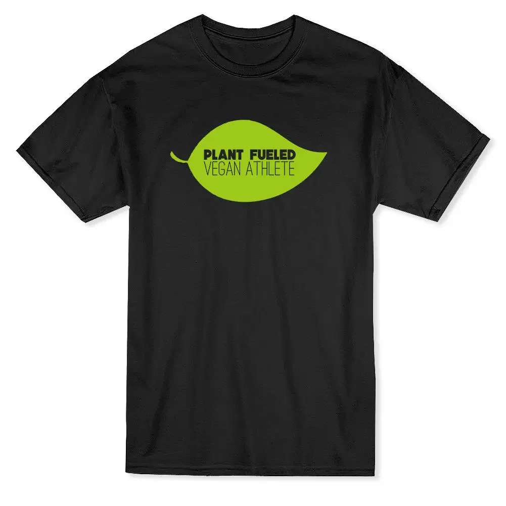 

Plant Fueled Vegan Athlete Leaf Graphic T-Shirt. Cotton O-Neck Short Sleeve Men's T Shirt Size S-3XL