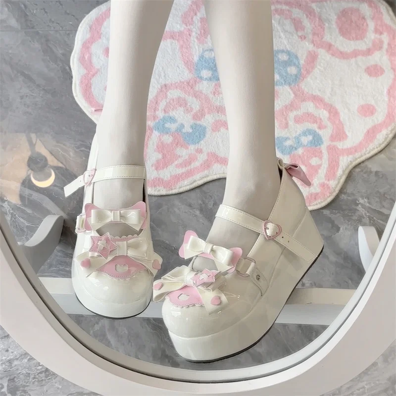 Sweet and Cute Girl Japanese Lolita Platform Muffin Shoes Round Head Bow Daily Versatile Student Mary Jane Single Shoes