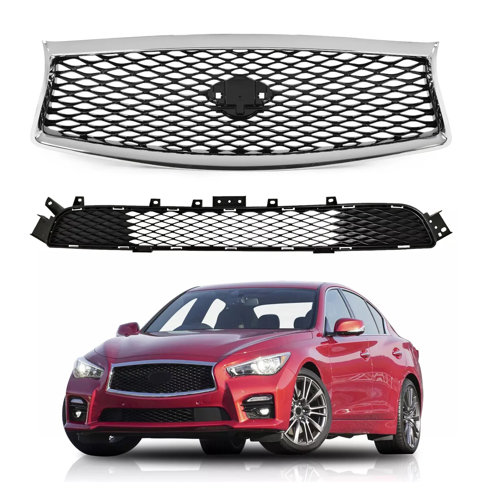 

For Infiniti Q50 Sport 2014-2017 Front Upper Lower Bumper Chrome Grille Mesh