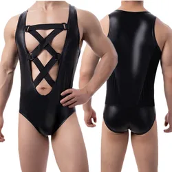 Mens PU Leather Bodysuits Sleeveless Leotard Front Hollow Out Rompers Faux Leather Jumpsuit Wrestling Singlet Nightclub Bodysuit