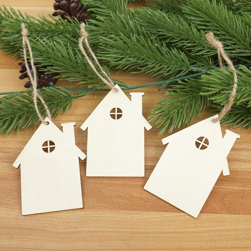 10pcs Wooden Christmas Pendant Wooden House Cutout Ornaments DIY Craft Gift Xmas Tree Hanging Decor Home Party Festival Supplies