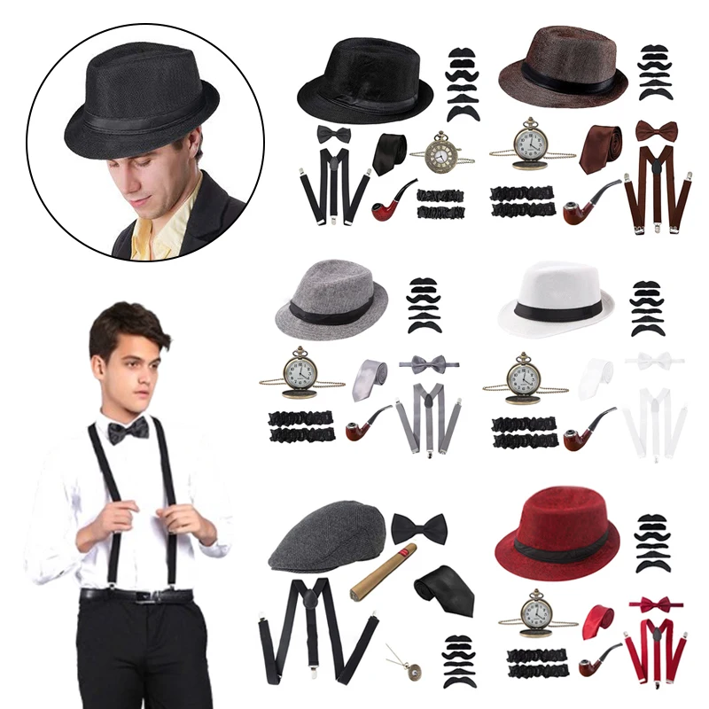 Retro 1920S 20S Cosplay Gangster Set Men Party Props Berets Cigar Suspender Pocket Watch Gatsby Costume Accessories Set