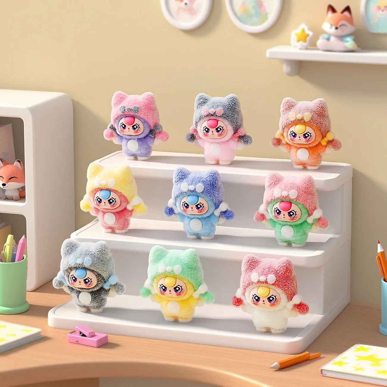 

New Flocking Fox Hat Doll Toddler Three Years Old Cute Particle Desktop Small Ornament Pair Up Blind Box Accessories