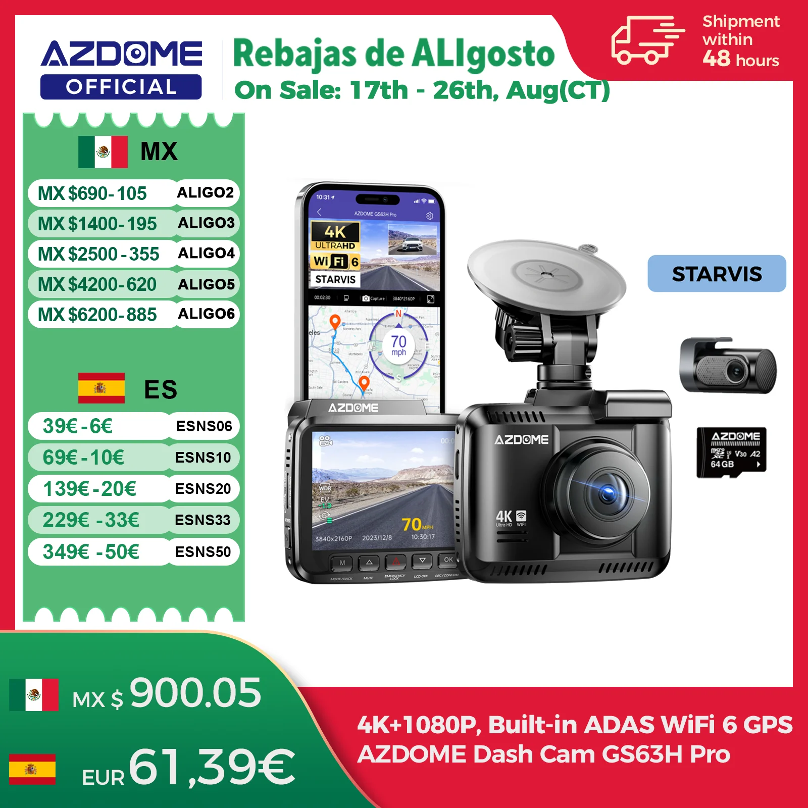Imagen de AZDOME Dash Cam GS63H Pro 4K+1080P Pantalla IPS de 2,4" 150 ° FOV incorporado ADAS WiFi 6 GPS coche DVR G-Sensor 24H Monitor de estacionamiento Camare