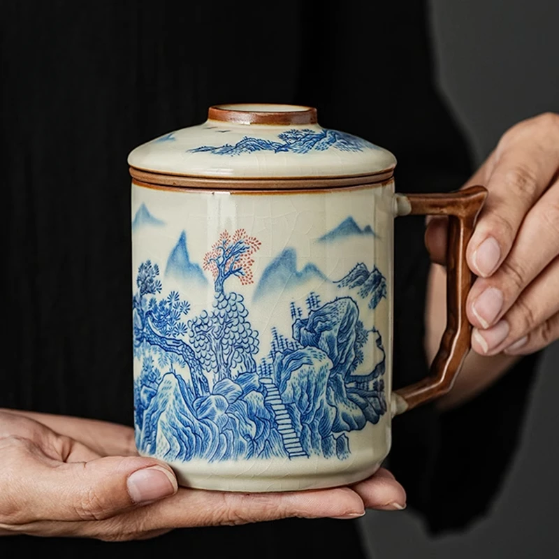 

Retro thick nostalgia Ru kiln cup with cover tea pot office home Chinese ceramic tea cup