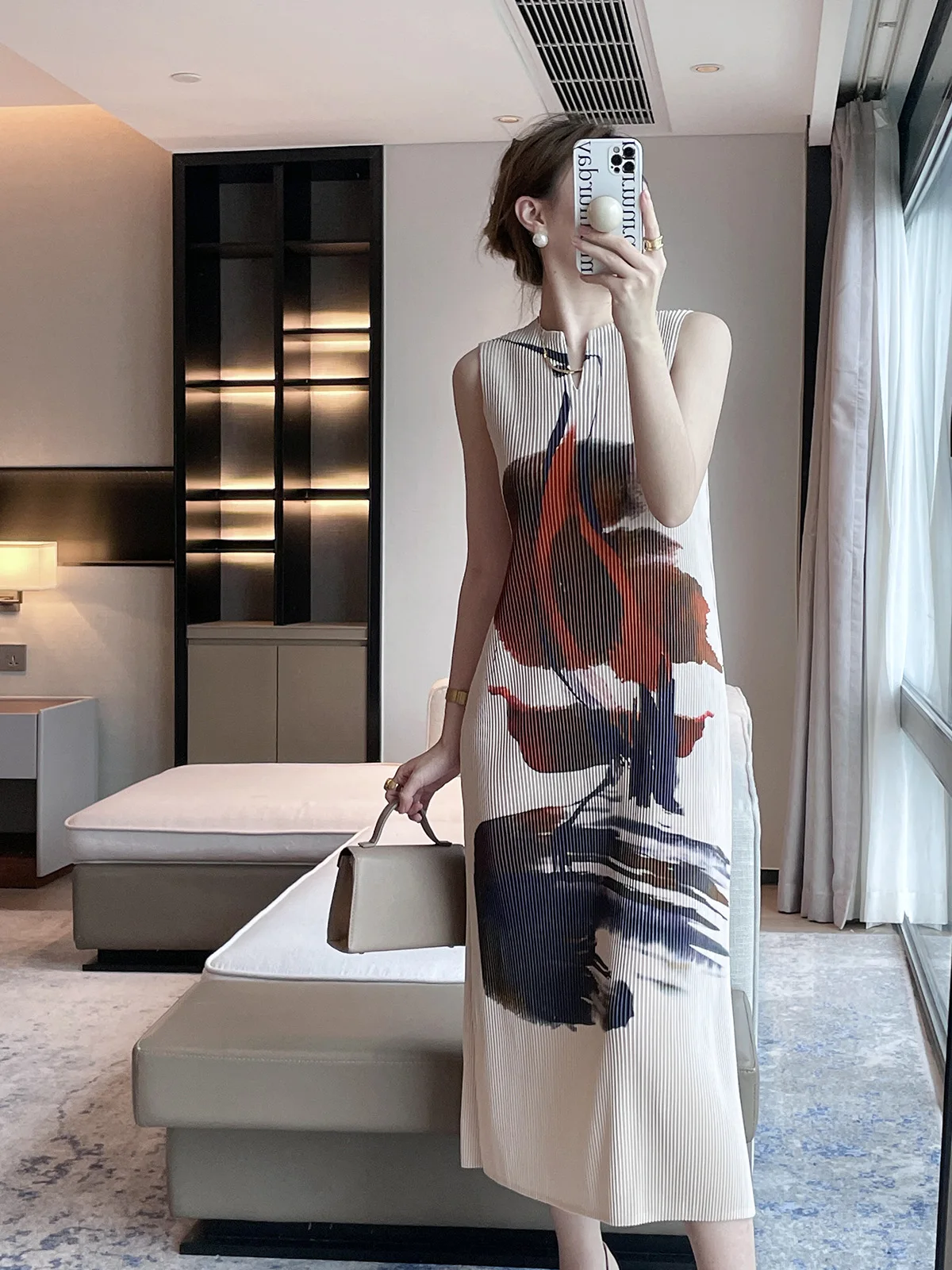 

Pleated 2023 Summer New Hand-painted High-end Printed Sleeveless Dress Elegant Slim-fit Dress