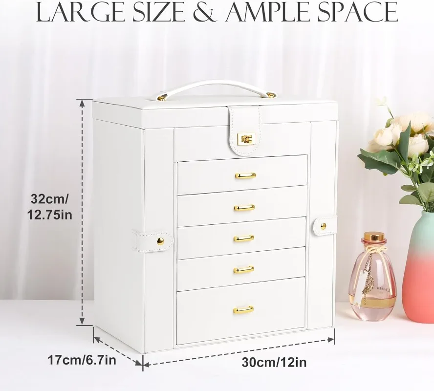 Extra Large Jewelry Box Jewelry Case PU Leather 6 Tier 5 Drawers Large Storage Capacity with Mirror Jewelry Storage Organizer