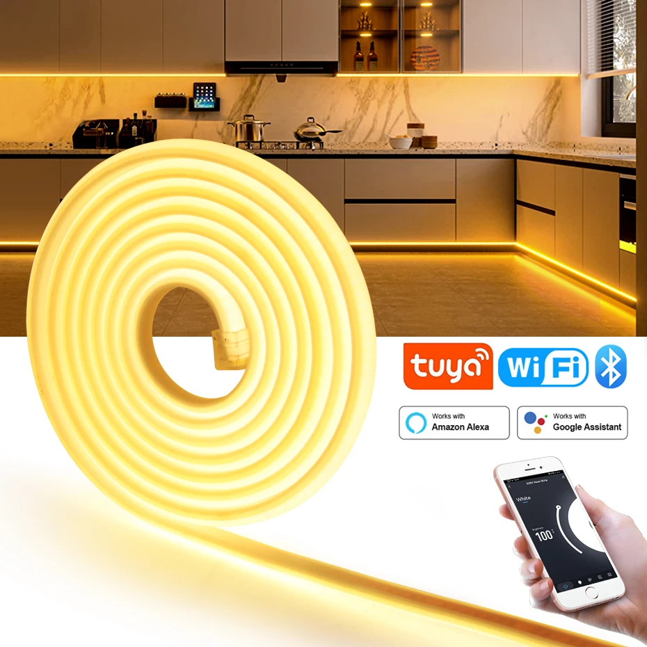 

220 В Smart Tuya WiFi COB Светодиодная лента с регулируемой яркостью Светодиодная лента Bluetooth Remote EU Plug COB LED Неоновое водонепроницаемое домашнее освещение Декор