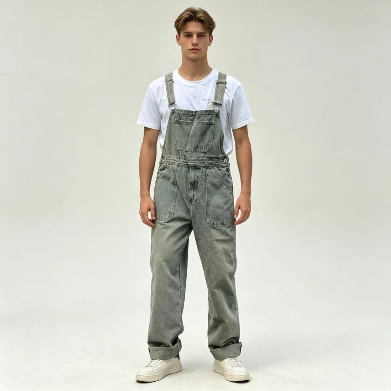 

Men Jeans Ankle Length Vintage Wide Leg Pants Denim Overalls Pockets Loose Solid Washed Distressed Spliced Casual One Piece