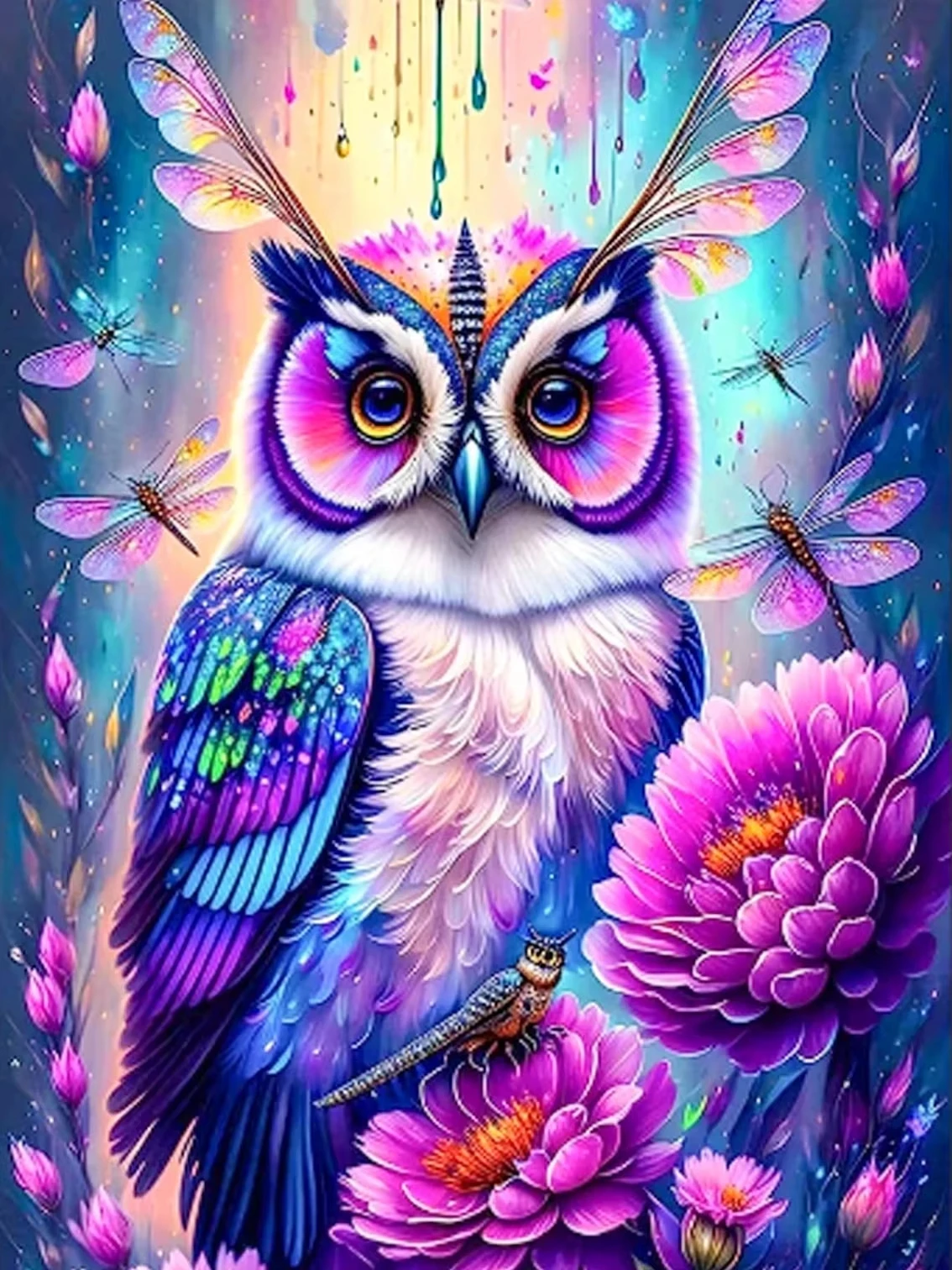 

Rainbow Plumage Big-eyed Owl Pink Peony Dragonfly Jigsaw Puzzle, Splash Ink Pastel Forest Home Wall Decor