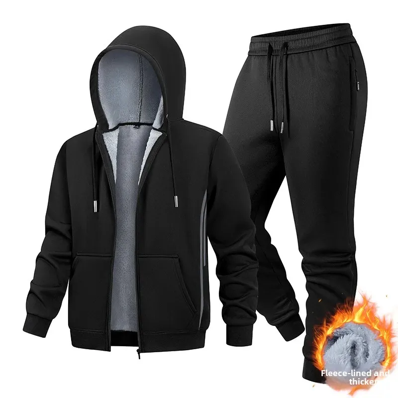 

2025 Autumn and Winter New Thickened Fleece Two-Piece Set Hooded Cardigan Lamb Wool Sweatshirt Men's Casual Sports Suit