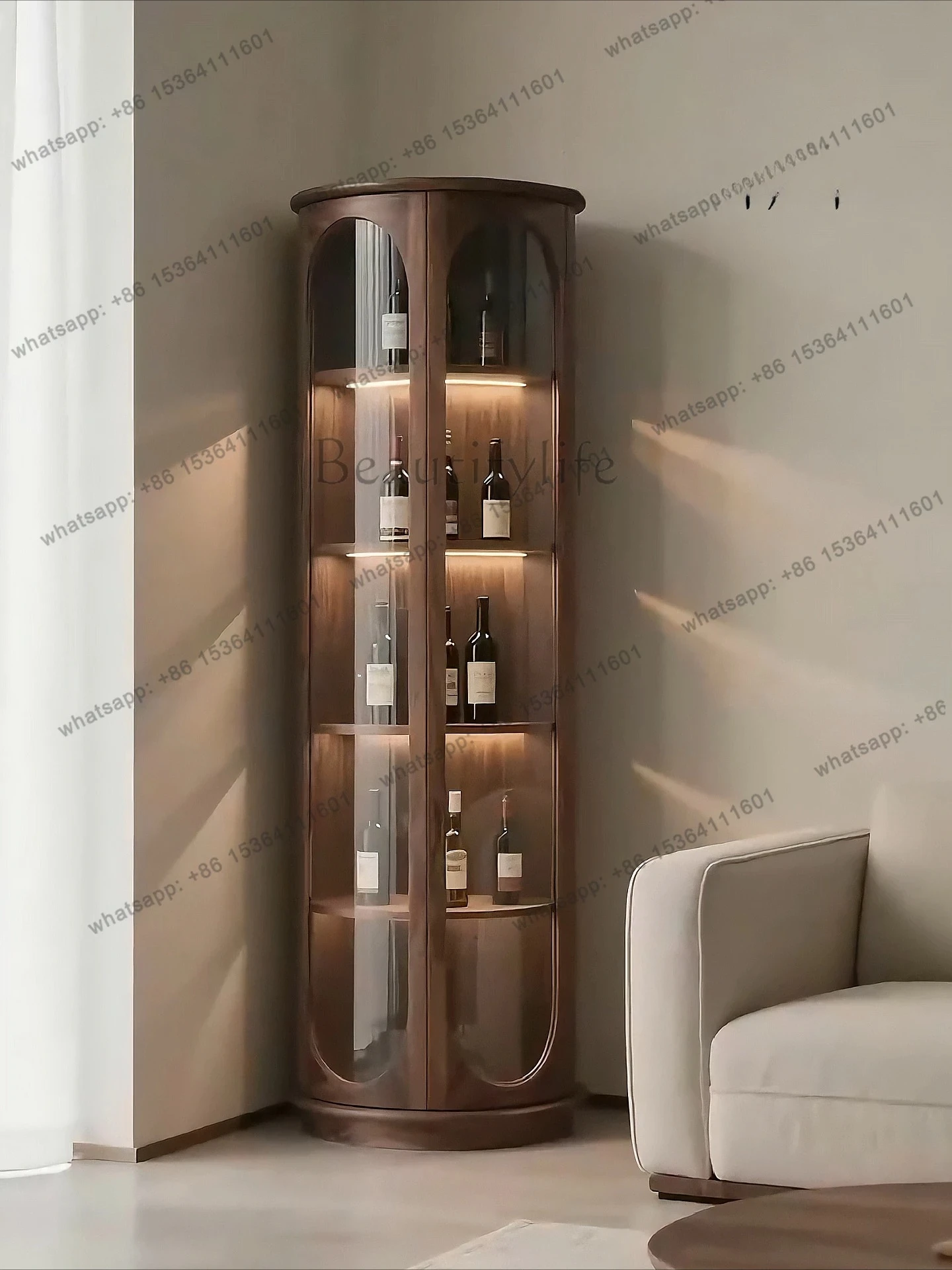 Black walnut glass wine cabinet Modern light luxury double door display cabinet Living room solid wood round decoration