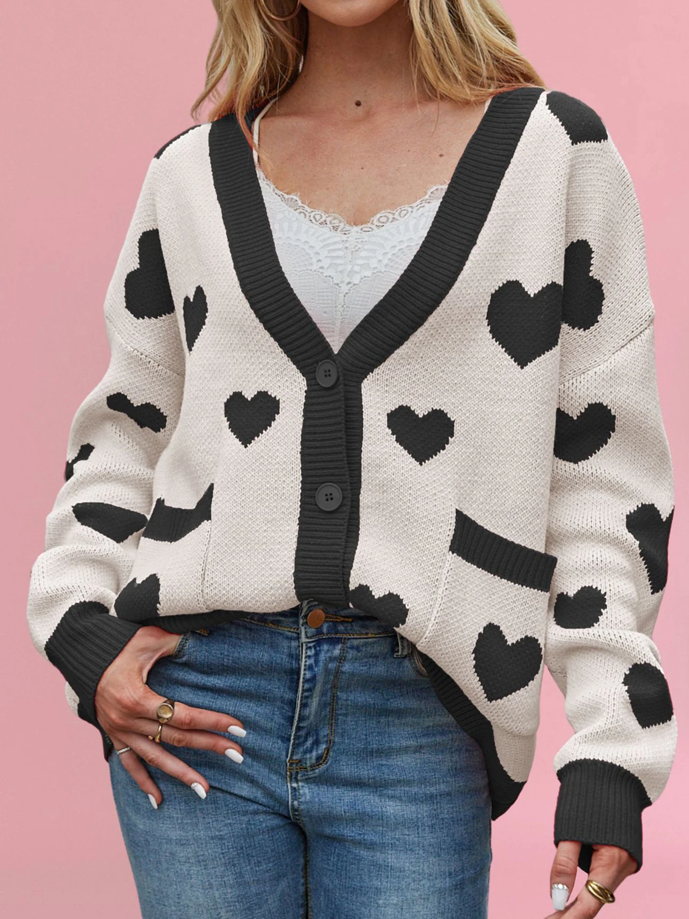 

Women's Patchwork Heart-Shaped Pattern Sweater Long Sleeve V-Neck Regular Fit Autumn Fashion Basic Top
