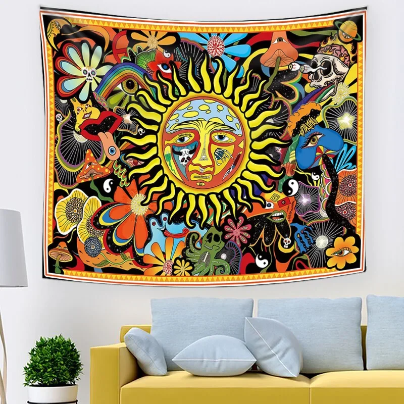 Psychedelisches Tarot-Tapisserie mit Sublimem Sonnenmotiv, Wandbehang im Hippie-Stil, Pilz-Tapisserie, Ästhetische Raumdekoration