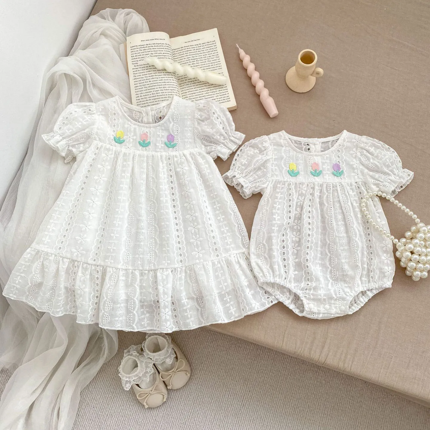 

2024 New Girls Summer Clothes Pure Cotton Clothing Emboridery One Piece Big Sisters Dress Toddler Bodysuit