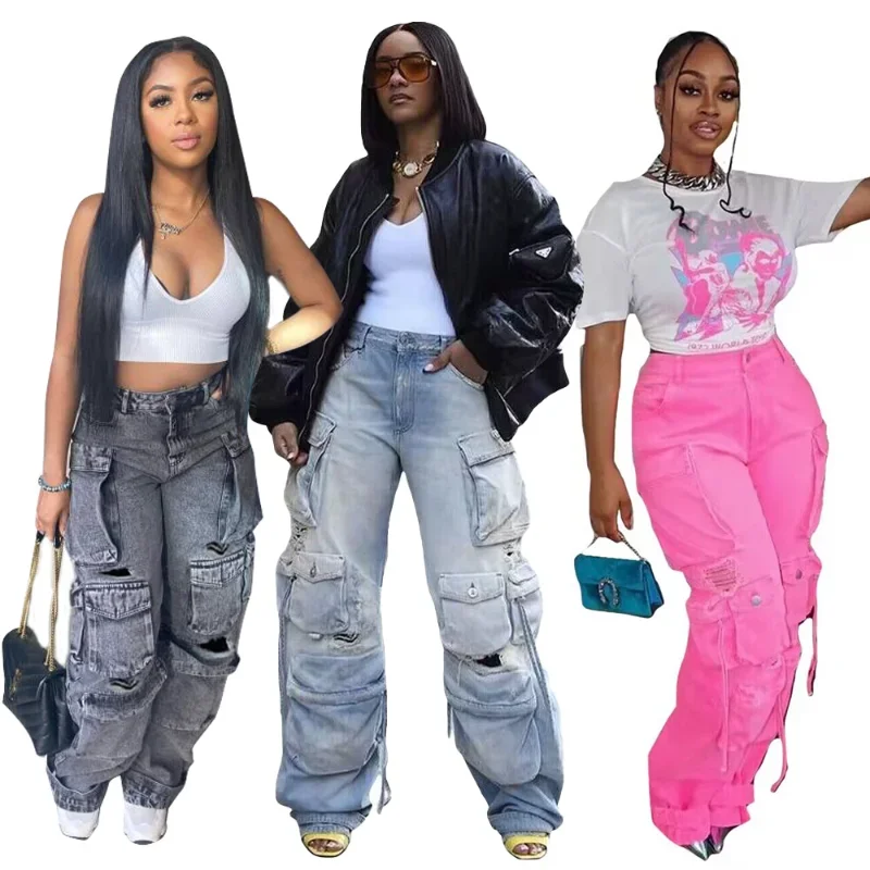 Ueteey Blue Baggy Jeans for Women 2024 Multi Pockets Streetwear y2k Vintage Cargo Jean Pants Low Rise Ripped Jeans Pink Black