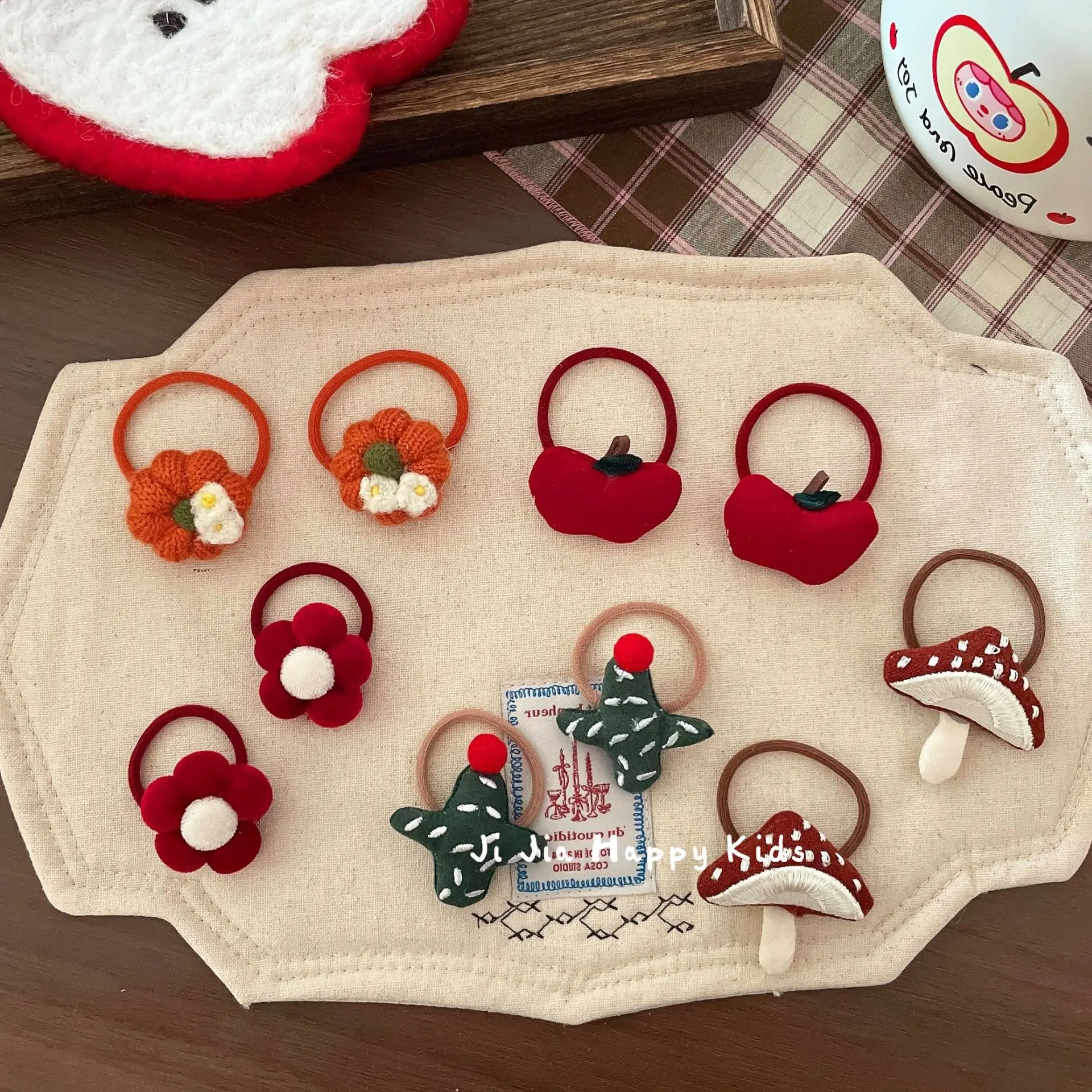 Cartoon Star and Apple Flower Cloth Hair Tie for Children Red Color Elastic Band Non Snag Gentle Daily Use Soft Breathable