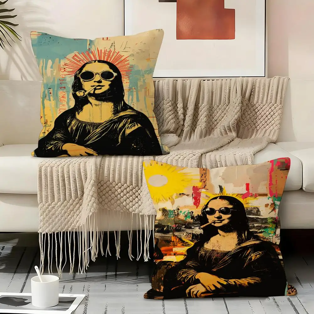 Pop Mona Lisa Art Cushion Cover Natural Linen Organic Fabric Double-Sided Printing Sofa Home Decor Gift Pillow Cover