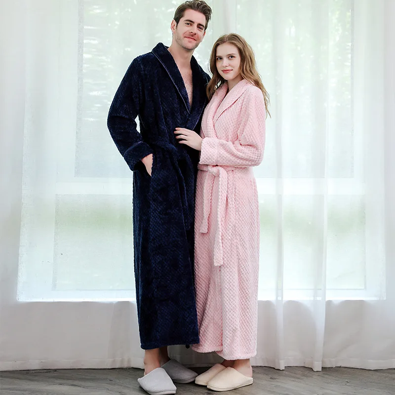 Autumn Winter Thick Flannel Couple\'s Long Robe Sleepwear Warm Coral Fleece Bathrobe Loungewear Loose Casual Home Wear Nightwear