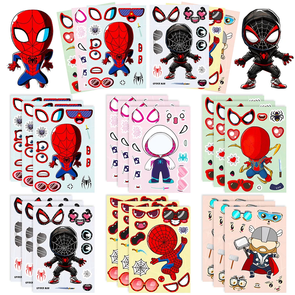 6/12Sheets Disney Marvel Spiderman and His Amazing Friends Puzzle Stickers Make a Face Assemble Jigsaw Sticker Kid Education Toy