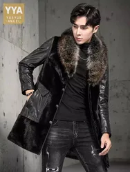 New Winter Warm Mens Genuine Leather Down Coat Spliced Mink Fur Jacket Single Breasted Luxury Fashion Medium Long Suit Jacket