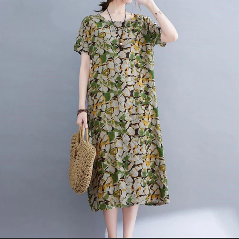 Summer Women Retro Ethnic Style Cotton Linen Floral Print Loose Casual Short Sleeve Midi Dress Elegant Fashion Dresses Vestidos