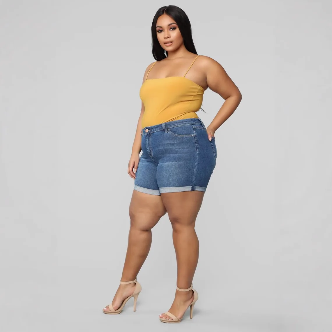 plus Size Elastic Cuffed Denim Shorts Women's Style Comfortable Fit mid Waist Five Length Commute Fashion Lead Pen Pants