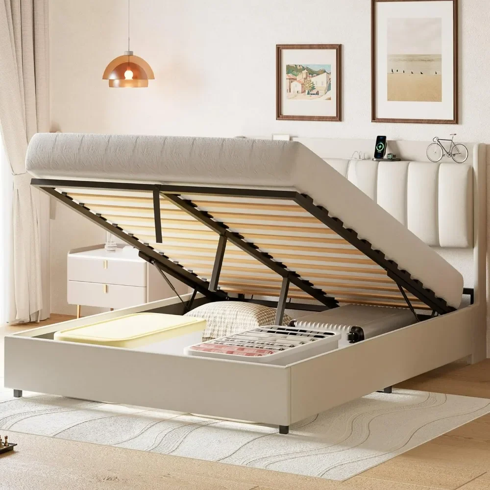 Full Size Bed Frame, Gas Lift Up Storage Bed with Power Outlets, Wooden Slat Support/No Box Spring Needed,White Beds