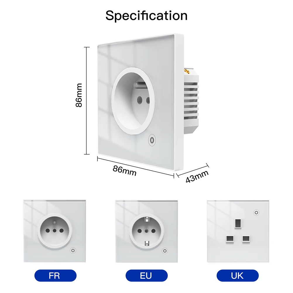 WiFi Tuya Smart 16A Socket Glass Panel Outlet Power Monitor Touch Plug Relay Status Light Mode Adjustable Smart Life App Alexa