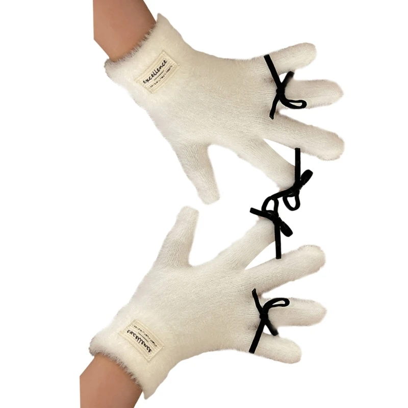 

Y2K Bow Winter Warm Gloves Furry Full Finger Gloves with Elegant Bowknot Cold Weather Insulated Outdoor Dropship