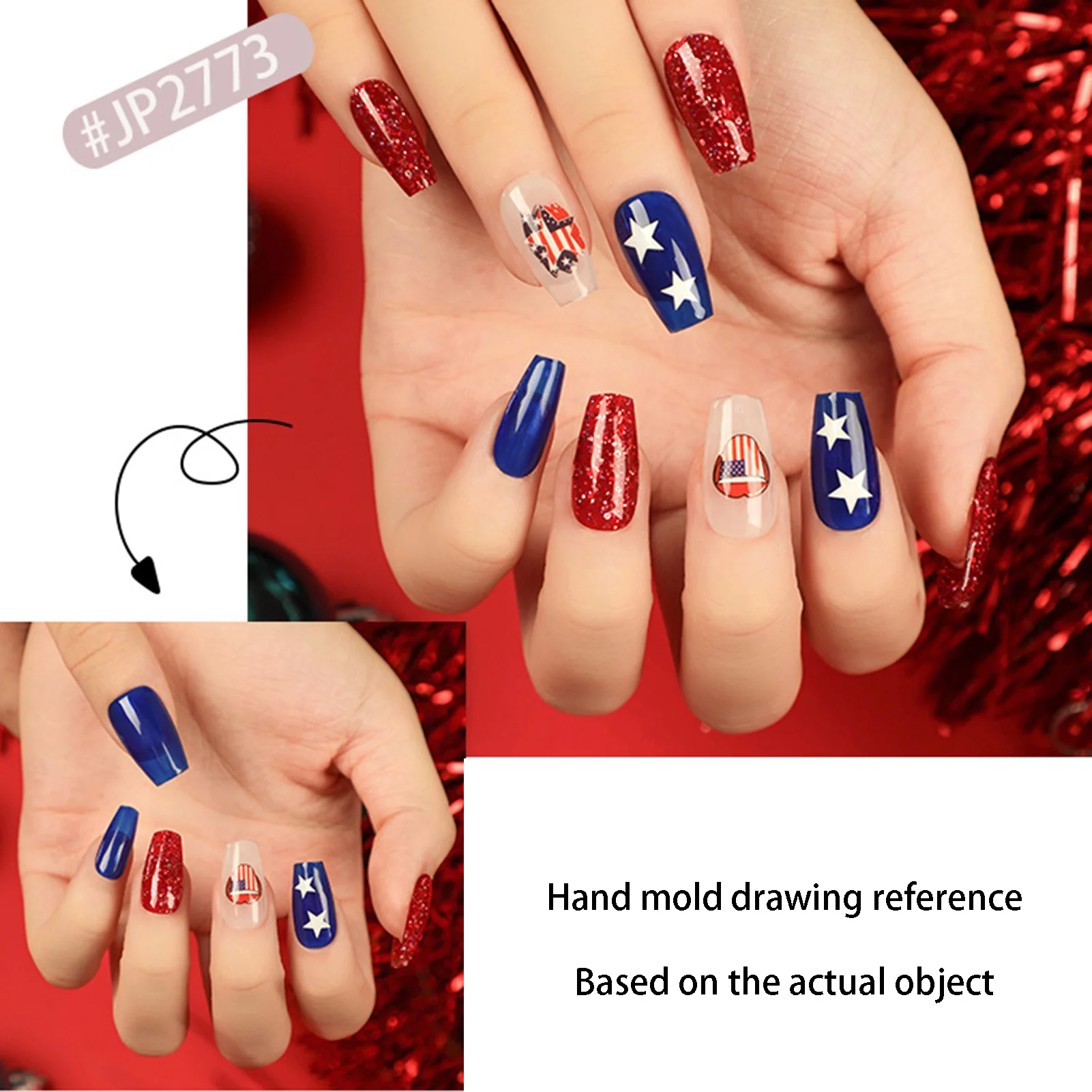 24pcs Press-on Nail for Women Bright Color Glitters Independence Day False Nail for Women and Girl Party Activity