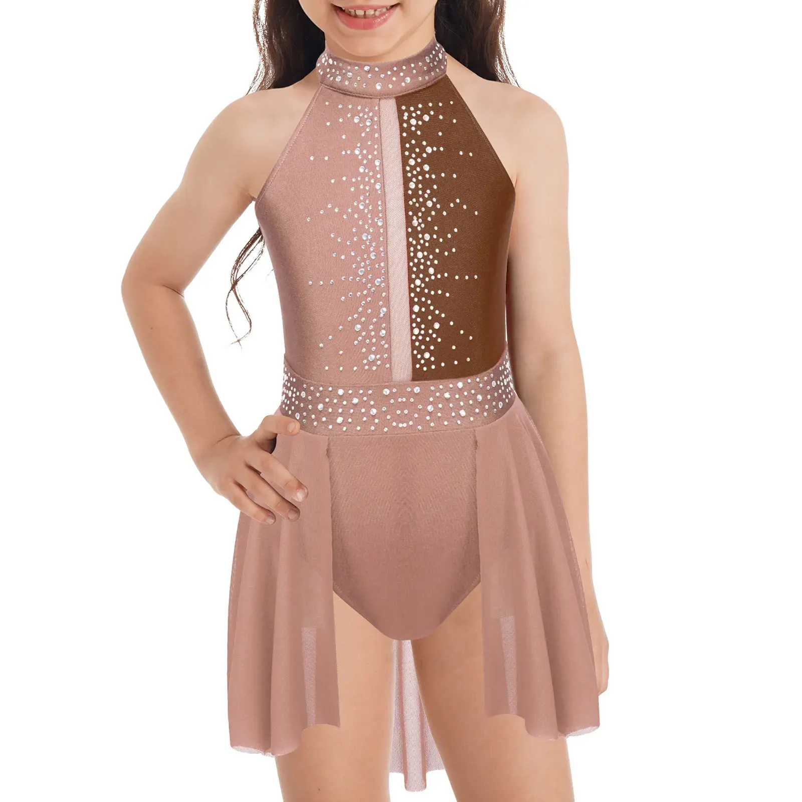 Meninas Ruched Chiffon Ballet Dress, Collant infantil, Strass sem mangas, Traje de Dança Lírica, Contemporâneo Dancewear