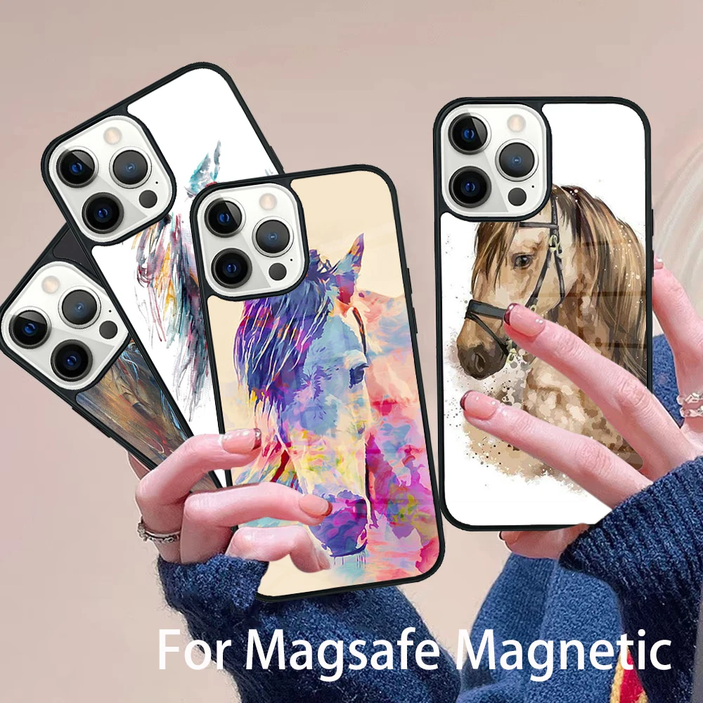

Horse Waterclour Phone Case Magesafe Magnetic Wireless Charge Cover For IPhone 16 11 12 13 14 15 Pro Max Plus Mini