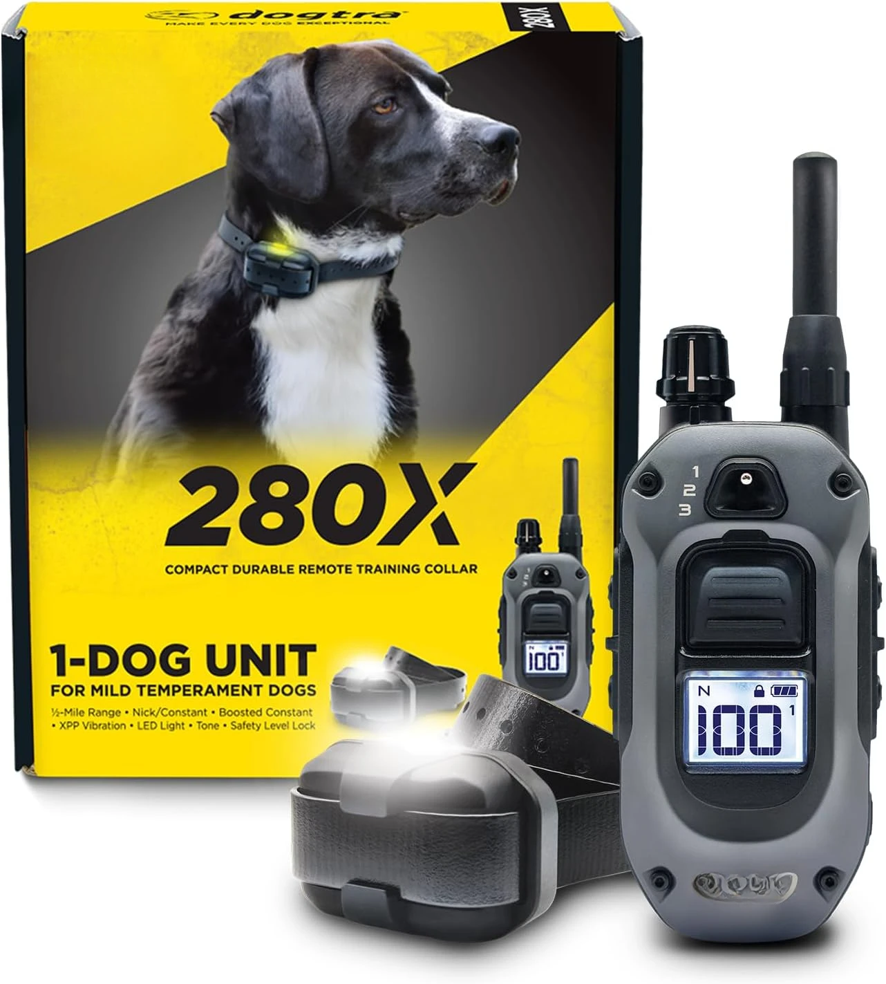 280X E-Collar with Remote [New Edition] 10 lbs+, 1/2 Mile Range, LED Light, 100 Levels of Precise Control for Stubborn Dogs