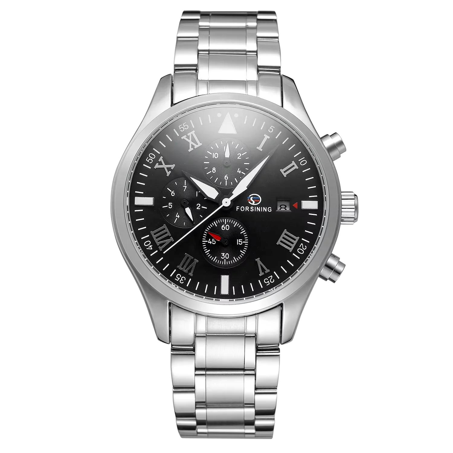 FORSINING Silver black watch Roman digital mechanical watch calendar display steel strap wrist watch men's and women's watch