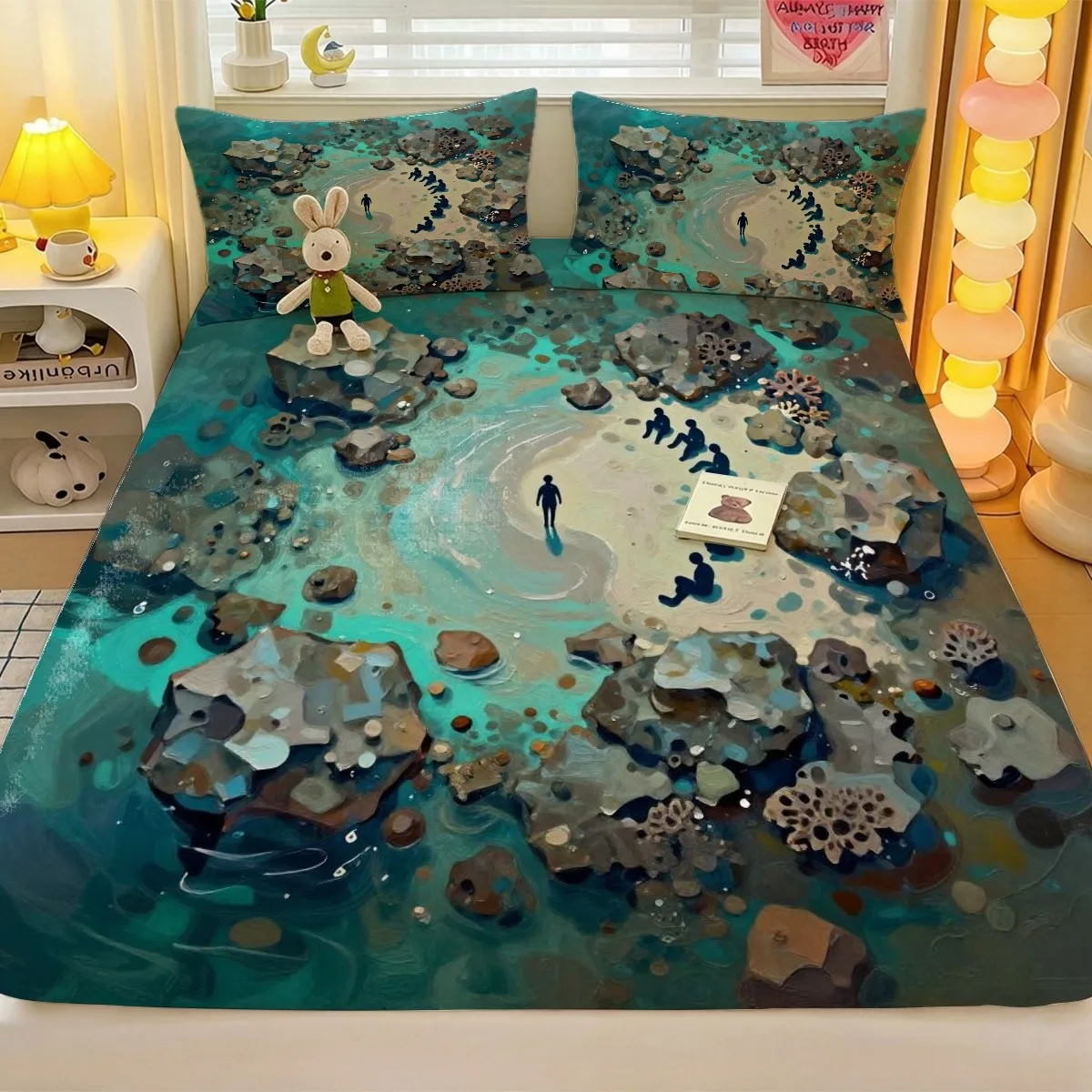 Surreal Blue Underwater Party Print 2D Digital Print Three-Piece Bedding Set (Includes 1 Fitted Sheet + 2 Pillowcases) 3-Piece Set, Large Deep Pocket 2D Printed Fitted Sheet and 2 Pillowcases Bedding Mattress Protector, Fitted Elastic Style Protector, Mattress Protector, Machine Washable Design, Holiday Decoration, Various Sizes, Breathable Protector Plus Pillowcase