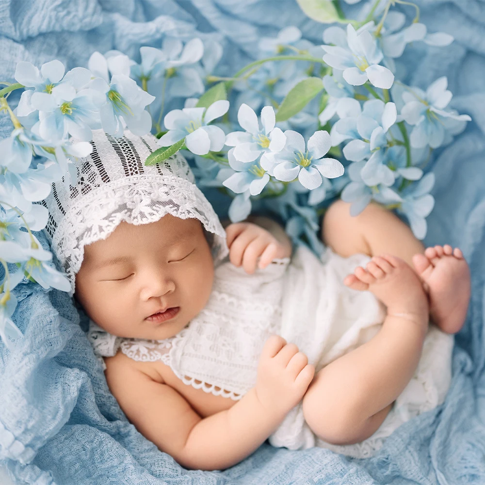 Infants Photography Props Clothes Solid Color Knitted Lace Jumpsuits+Hat Studio Artificial Flower Photo Decorate Wrap Background