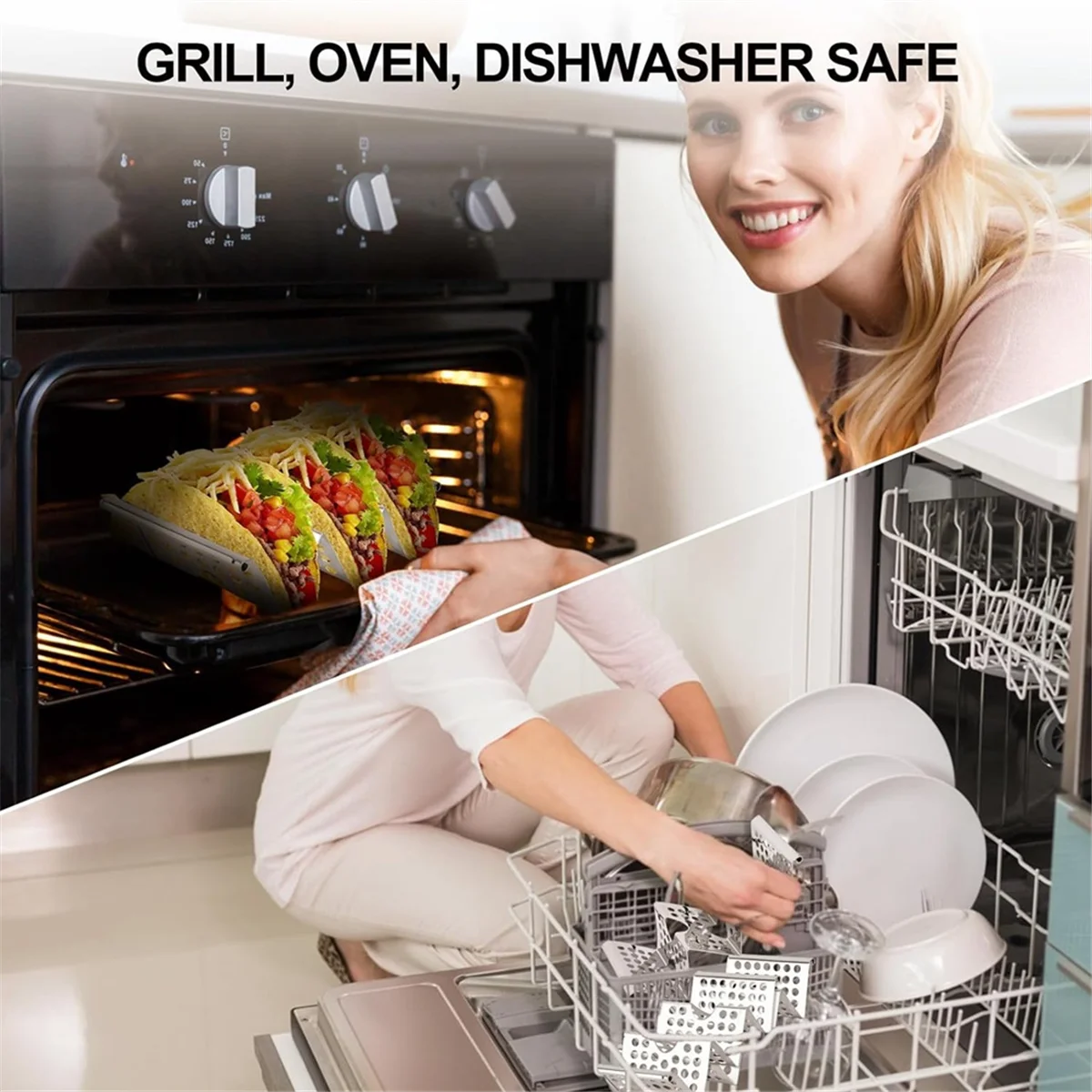 A95I-Taco-Halterständer, 4er-Pack Edelstahlständer mit Griffen, Taco-Tablett für bis zu 3 Tacos, Taco-Rack-Ständer