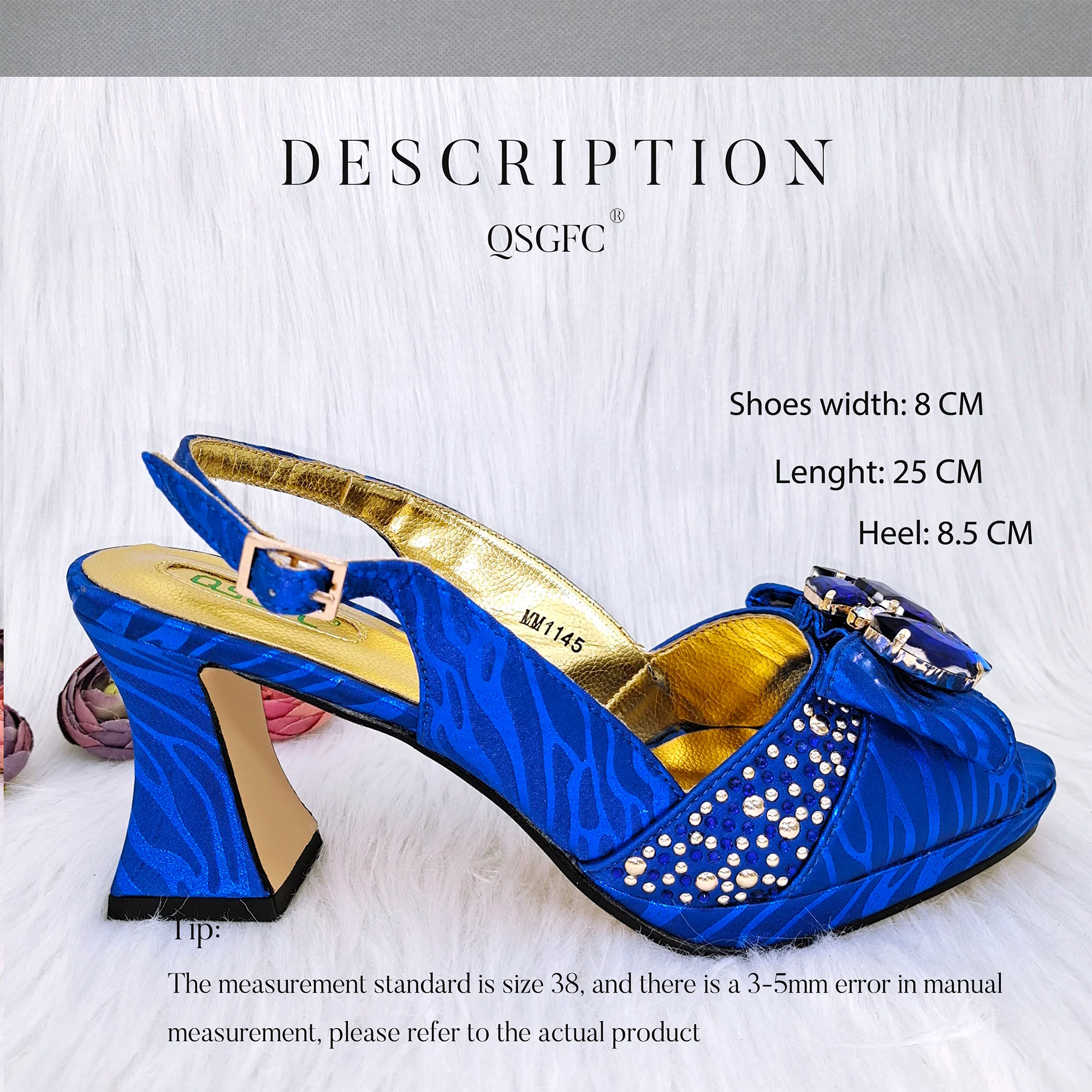 2024 New Arrival Italian Design Platform Style Rhinestone Royal Blue Color Lady Peep Toe Shoes and Bag Set for Party Wedding