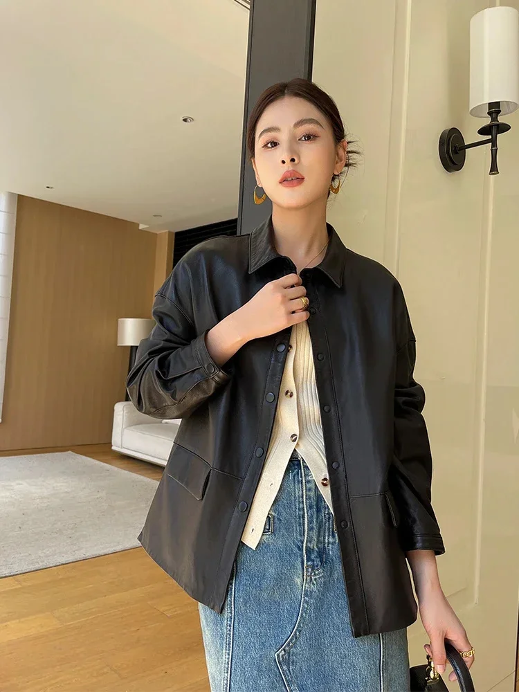 Genuine Simple Leather Jacket for Women Spring Autumn 2024 Trend High-end Casual Soft Black Real Sheepskin Coat