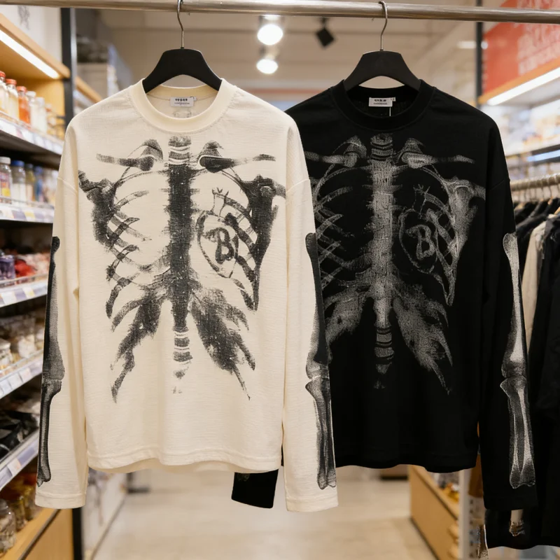 Waffle Long Sleeve Skeleton Skulls Print T-shirt Men Women Loose Apricot Black Loose Casual Quick Dry T Shirt Casual Clothes