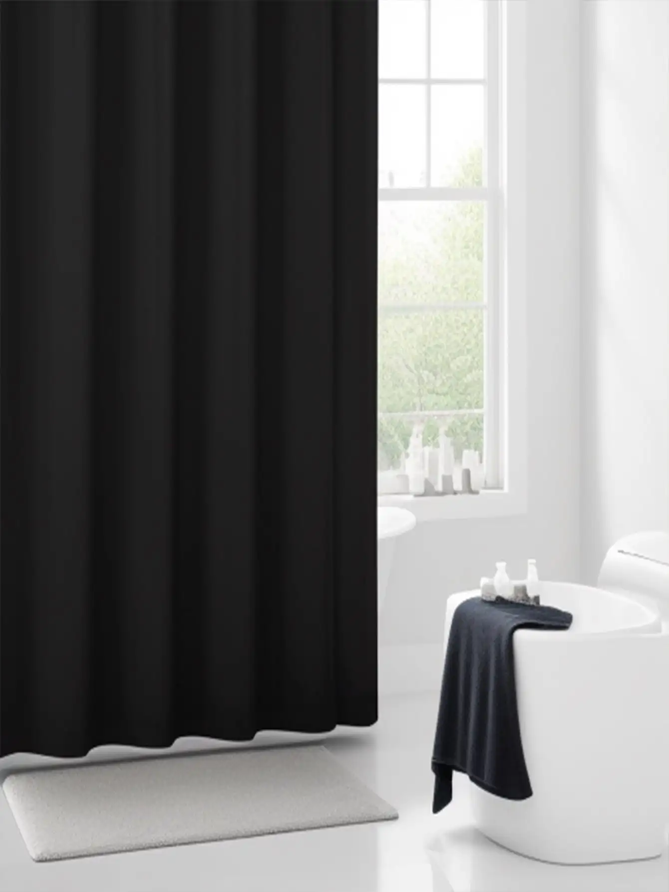 1pc Polyester Black Solid Shower Curtain Thick Waterproof Curtain Polyester Shower Curtain Cloth Bathroom Curtain Mildew Proof Shower Curtain