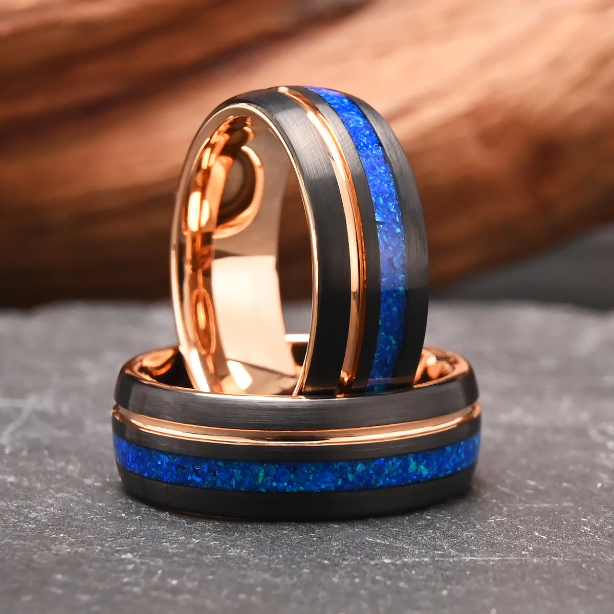 8mm Tungsten Carbide Rings for Men and Women rosegold Groove with Blue Opal Men\'s Wedding band fashion Comfortable to Wear