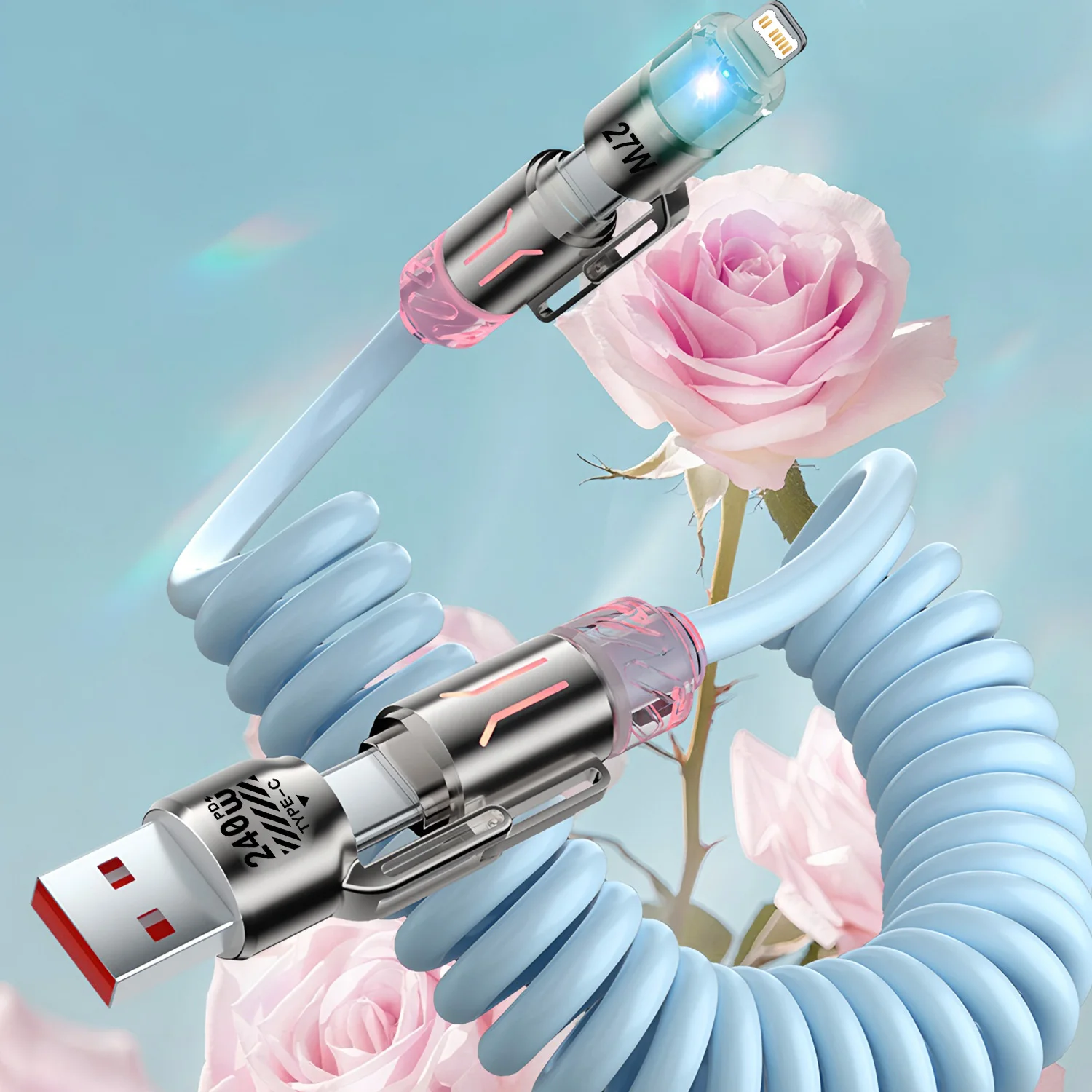 4 in 1 240 W Feder kurzes Datenkabel 6 A USB Typ C Feder Teleskop Schnellladegerät Drahtfeder USB-Kabel für iPhone 15 14 13 12