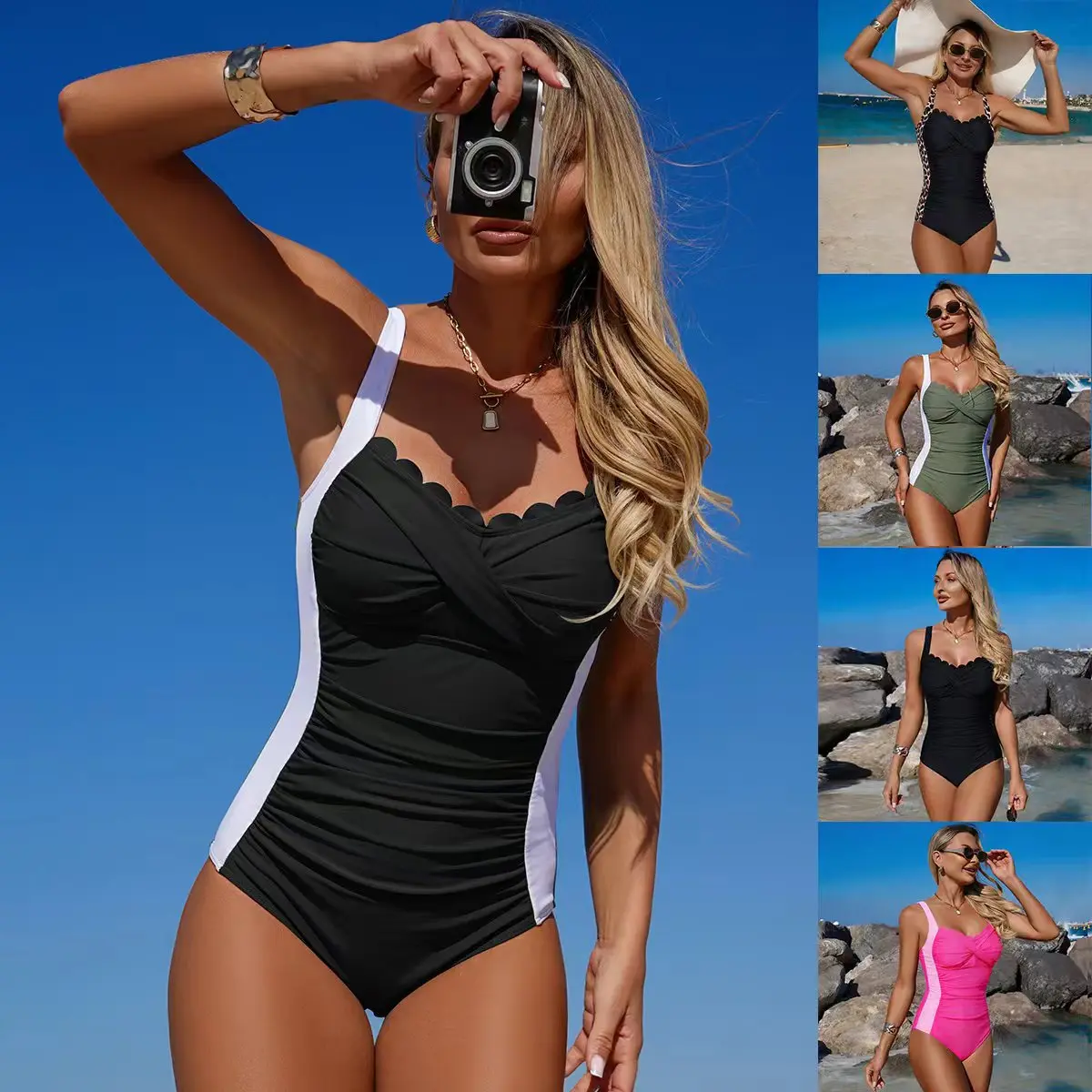 

Bathing Suit Women European And American One-piece Swimsuit Women's High Elastic Sports Solid Color Swimsuit