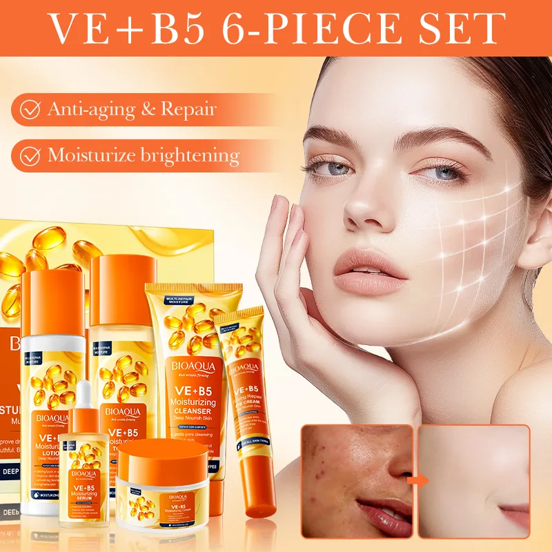 6 Pcs Vitamin E Skincare Set Moisturizing Face Serum Brighten Cream Anti-aging Eye Cream Toner Facial Skin Care Product Set