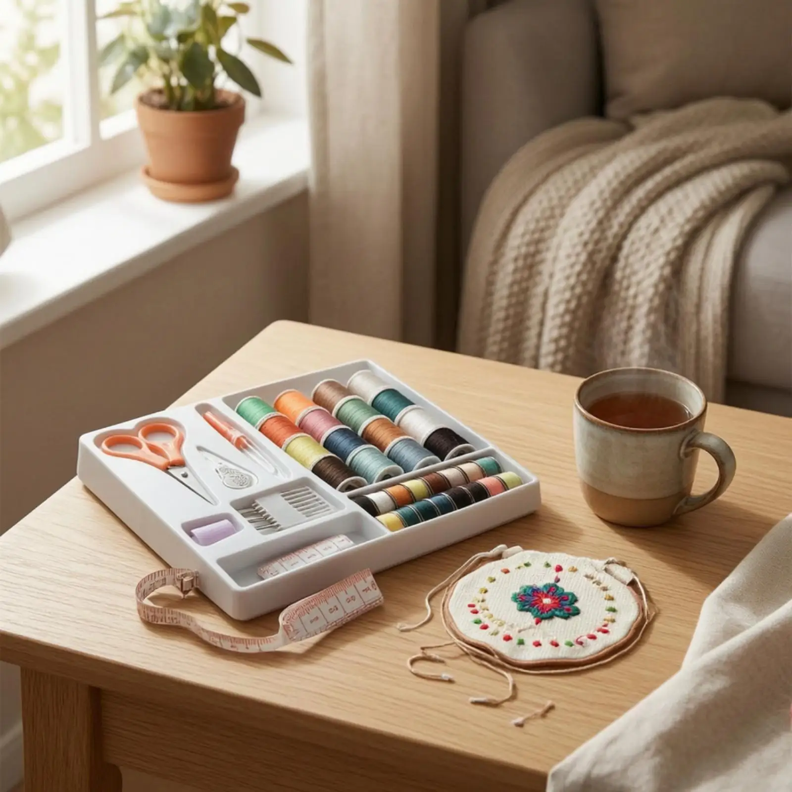 Fabric Kit Home DIY Hand Sewing Set with Organizer Pale Tray Colorful Threads Tape Measure for Clothing Mending