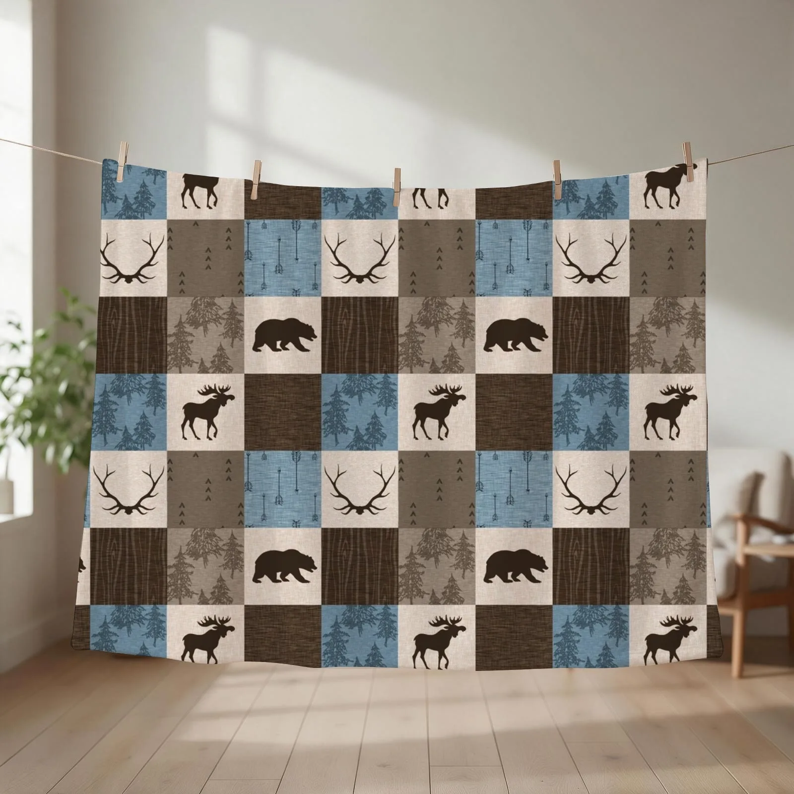 Woodland Patchwork- Blue, Brown And beige Throw Blanket couch cozy soft plush fuzzy picnic outdoor blanket