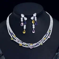 Shiny Colorful Cubic Zirconia 3 Rows Multi Layer Bridal Wedding Choker Necklace Earrings Jewelry Set for Women